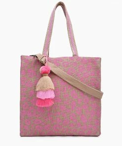 America & Beyond - Faire Vendor Pink Leopard Jute Tote With Crossbody Strap By America & Beyond - Pink