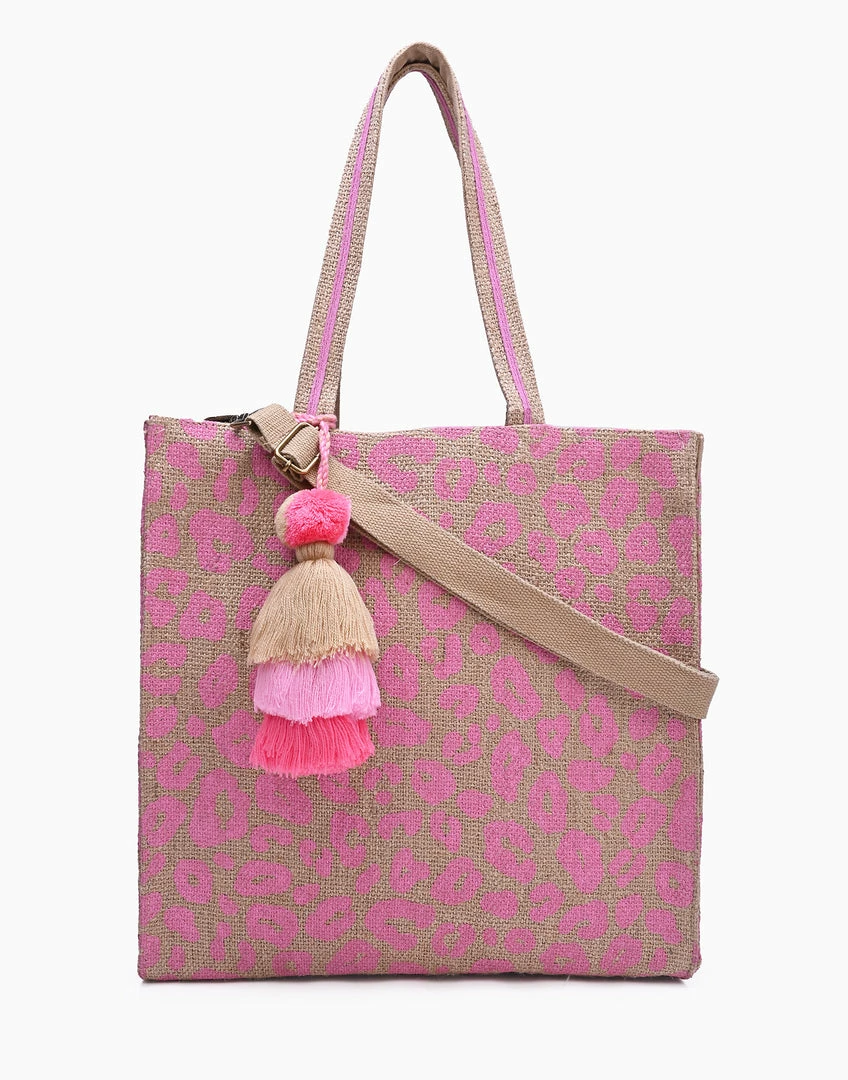 America & Beyond - Faire Vendor Pink Leopard Jute Tote With Crossbody Strap By America & Beyond - Pink