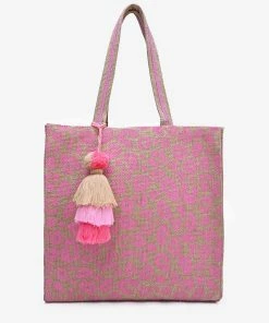 America & Beyond - Faire Vendor Pink Leopard Jute Tote With Crossbody Strap By America & Beyond - Pink