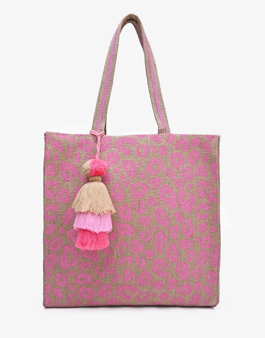 America & Beyond - Faire Vendor Pink Leopard Jute Tote With Crossbody Strap By America & Beyond - Pink