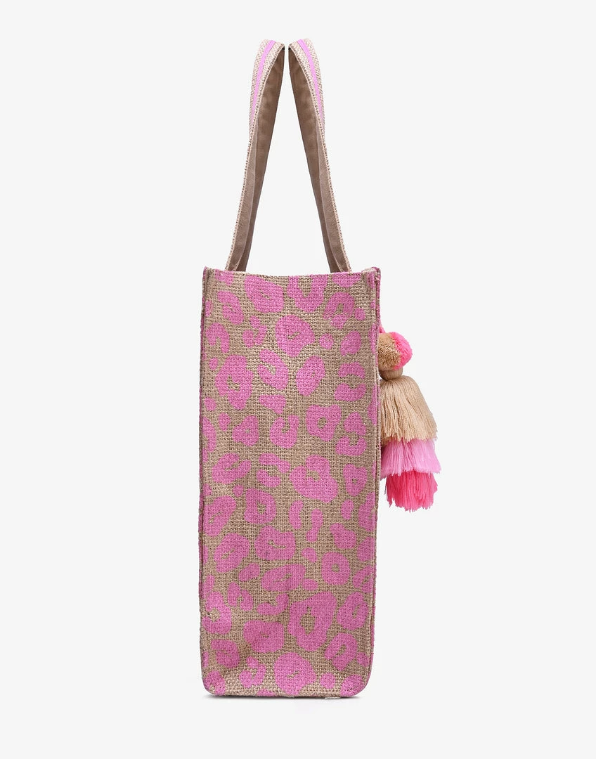America & Beyond - Faire Vendor Pink Leopard Jute Tote With Crossbody Strap By America & Beyond - Pink