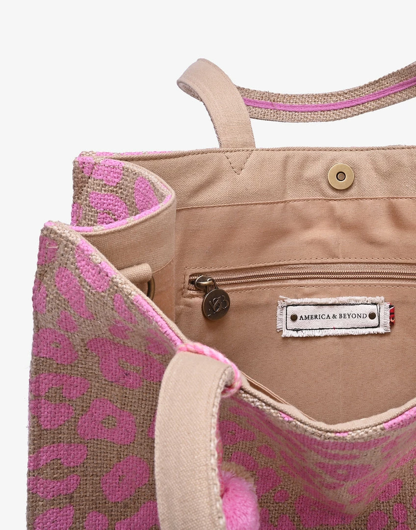America & Beyond - Faire Vendor Pink Leopard Jute Tote With Crossbody Strap By America & Beyond - Pink