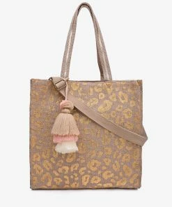 America & Beyond - Faire Vendor Accessories Gold Leopard Jute Tote With Crossbody Strap By America & Beyond - Gold
