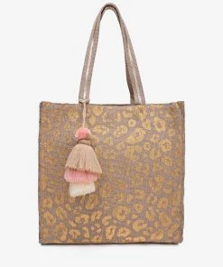 America & Beyond - Faire Vendor Accessories Gold Leopard Jute Tote With Crossbody Strap By America & Beyond - Gold