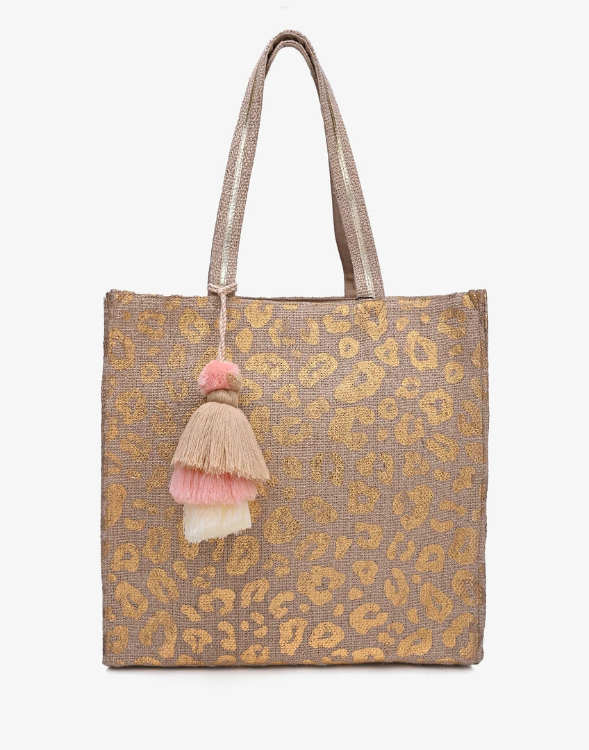 America & Beyond - Faire Vendor Accessories Gold Leopard Jute Tote With Crossbody Strap By America & Beyond - Gold