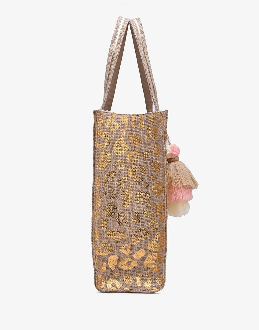 America & Beyond - Faire Vendor Accessories Gold Leopard Jute Tote With Crossbody Strap By America & Beyond - Gold