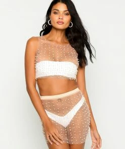Beach Bunny Swimwear Glitzy Girl Mesh Pearl Top & Skirt Set - New Nude Best Sellers