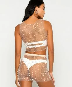 Beach Bunny Swimwear Glitzy Girl Mesh Pearl Top & Skirt Set - New Nude Best Sellers