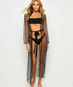 Beach Bunny Swimwear Best Sellers Late Nights Pearl Mesh Cardigan - New Black
