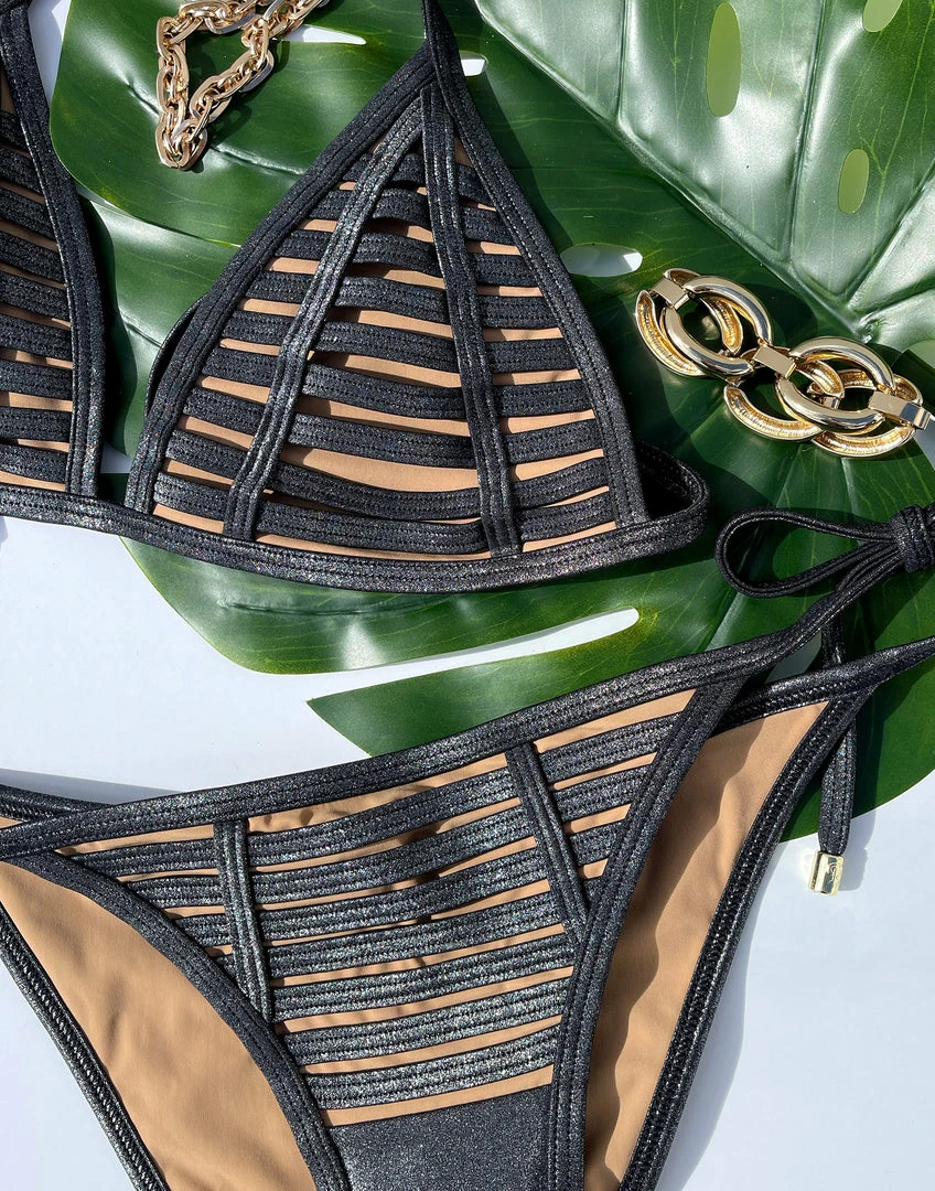 Beach Bunny Swimwear Hard Summer Tie Side Bottom - Black Silver