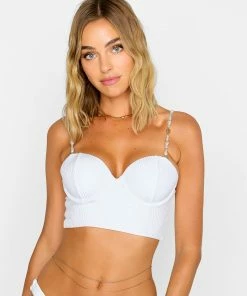 Beach Bunny Swimwear Flo Longline Top - White Shiny Rib
