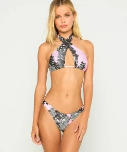 Beach Bunny Swimwear Lex Cross Halter Top - Pink Splash Snake