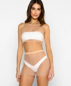 Beach Bunny Swimwear Glitzy Girl Mesh Pearl Top & Skirt Set - New Nude Best Sellers