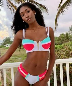 Beach Bunny Swimwear Endless Summer Skimpy Bottom - White/Aqua/Popstar