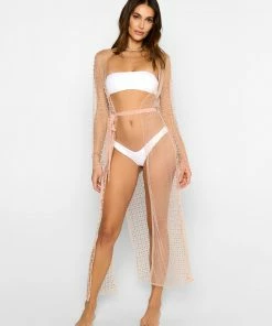 Beach Bunny Swimwear Late Nights Pearl Mesh Cardigan - Nude