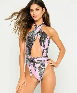 Beach Bunny Swimwear Lex One Piece - Pink Splash Snake