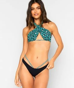 Beach Bunny Swimwear Lex Cross Halter Top - Teal Leopard